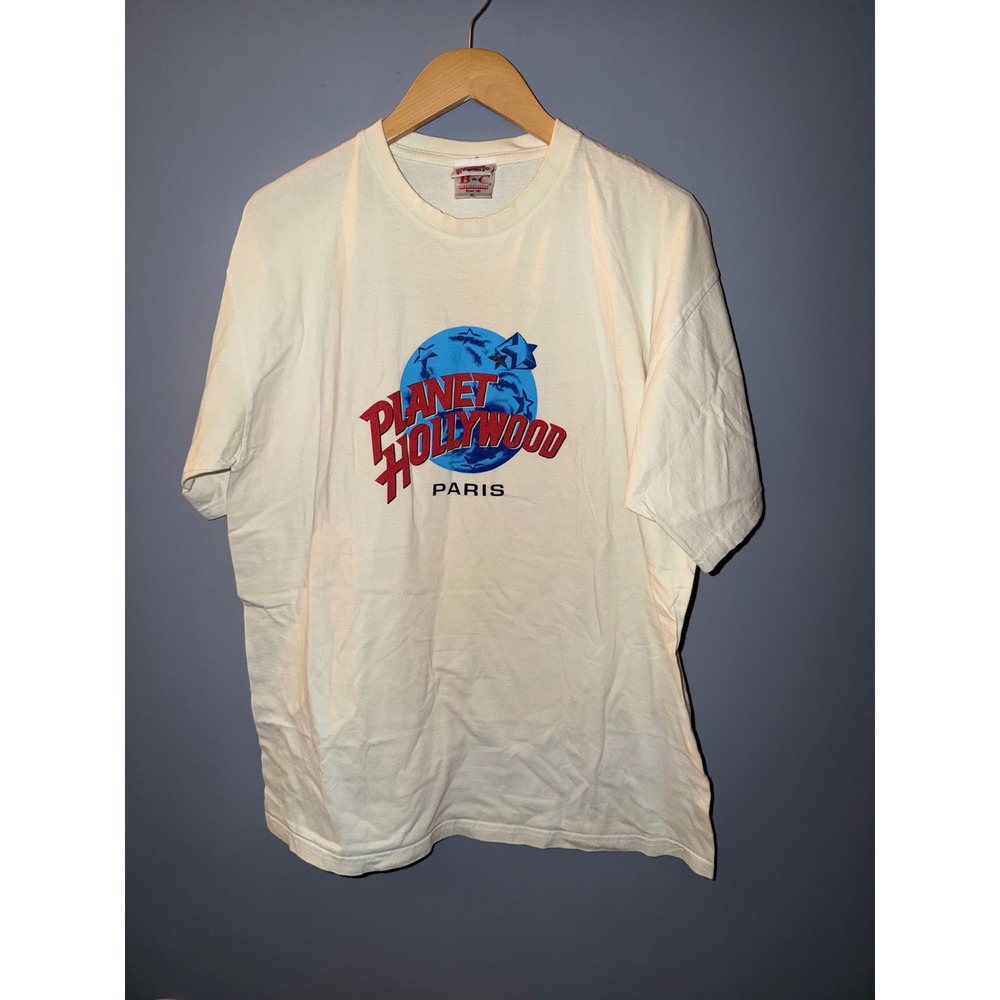 Vintage Planet Hollywood Paris Graphic T-Shirt Cream Mens XL Retro‎ 90s Souvenir